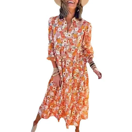New Casual Loose Long-sleeved V-neck Women's Bohemian Floral Elegant A-shaped Dress