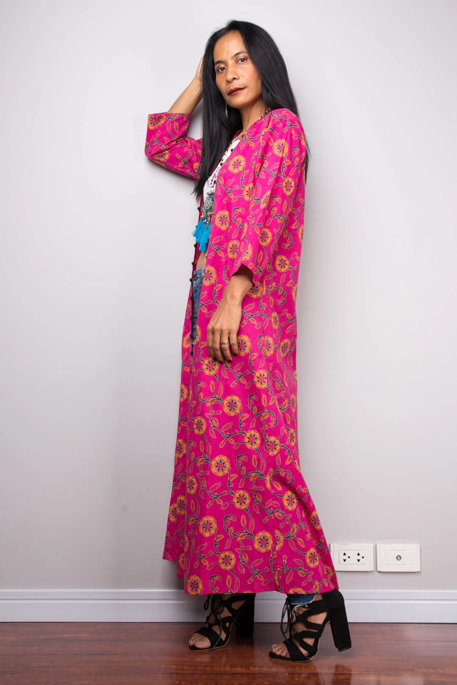 Pink Floral Open Cardigan