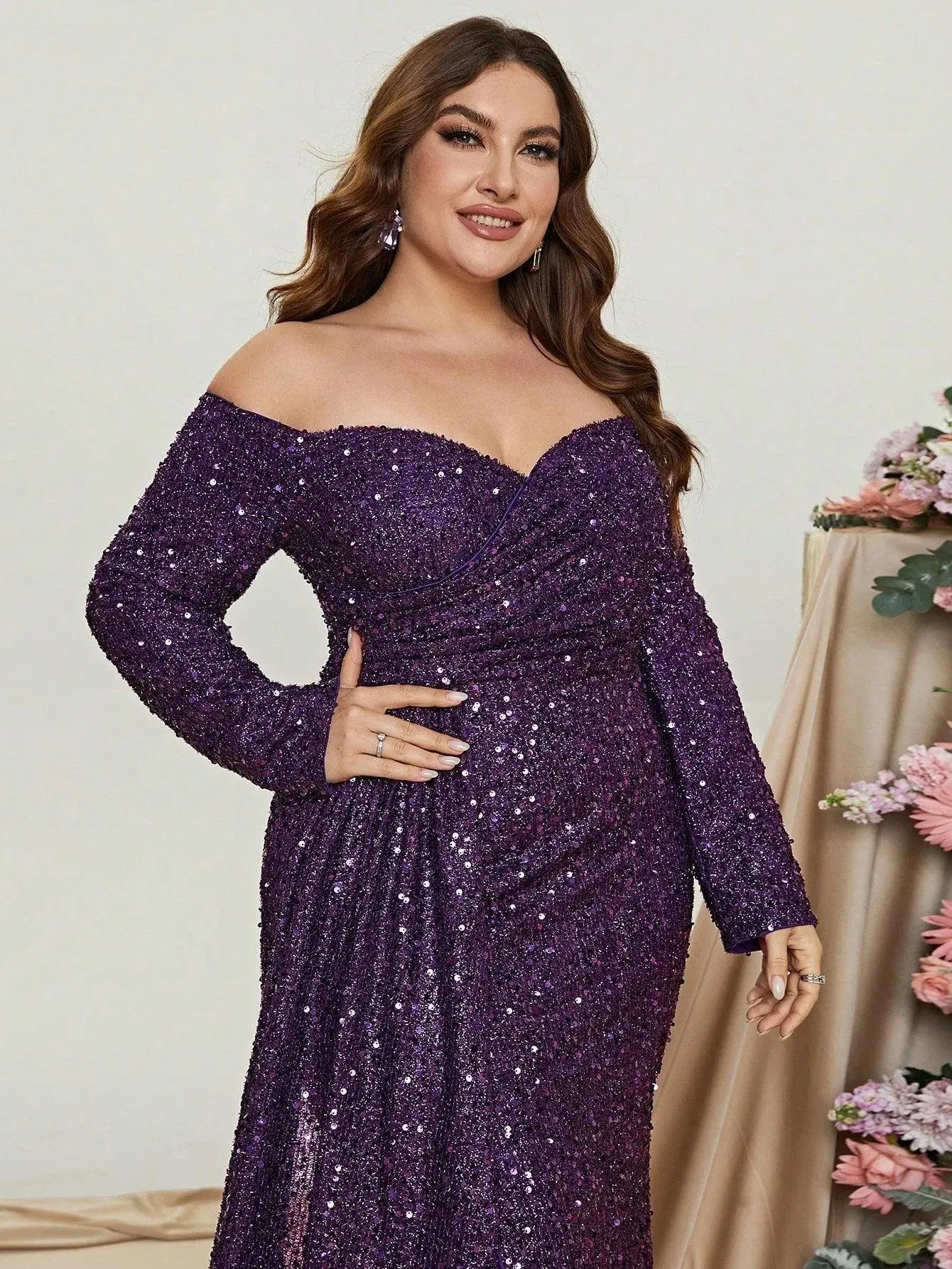 Plus Off Shoulder Sweetheart Neck Split Thigh Dress