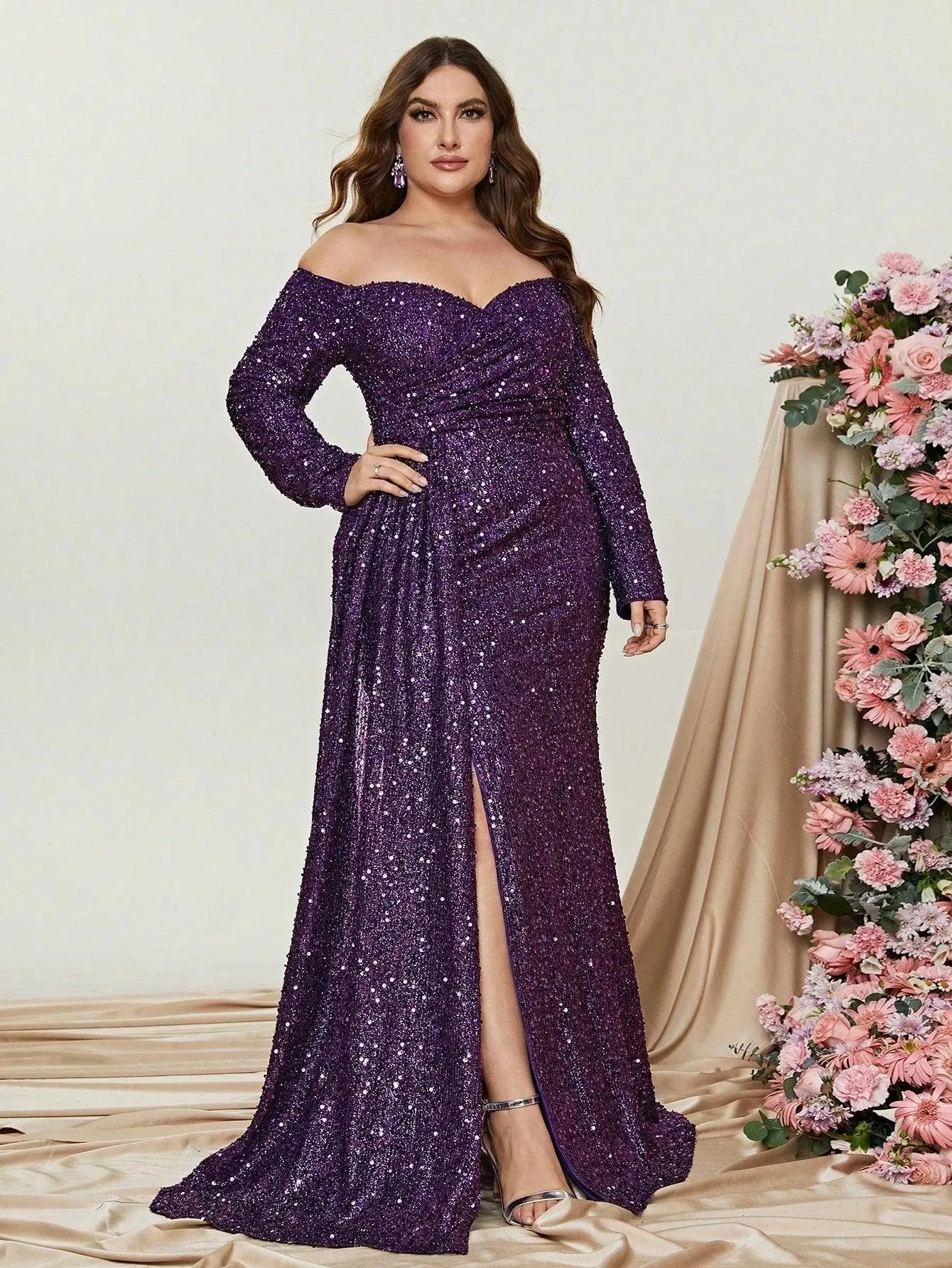 Plus Off Shoulder Sweetheart Neck Split Thigh Dress