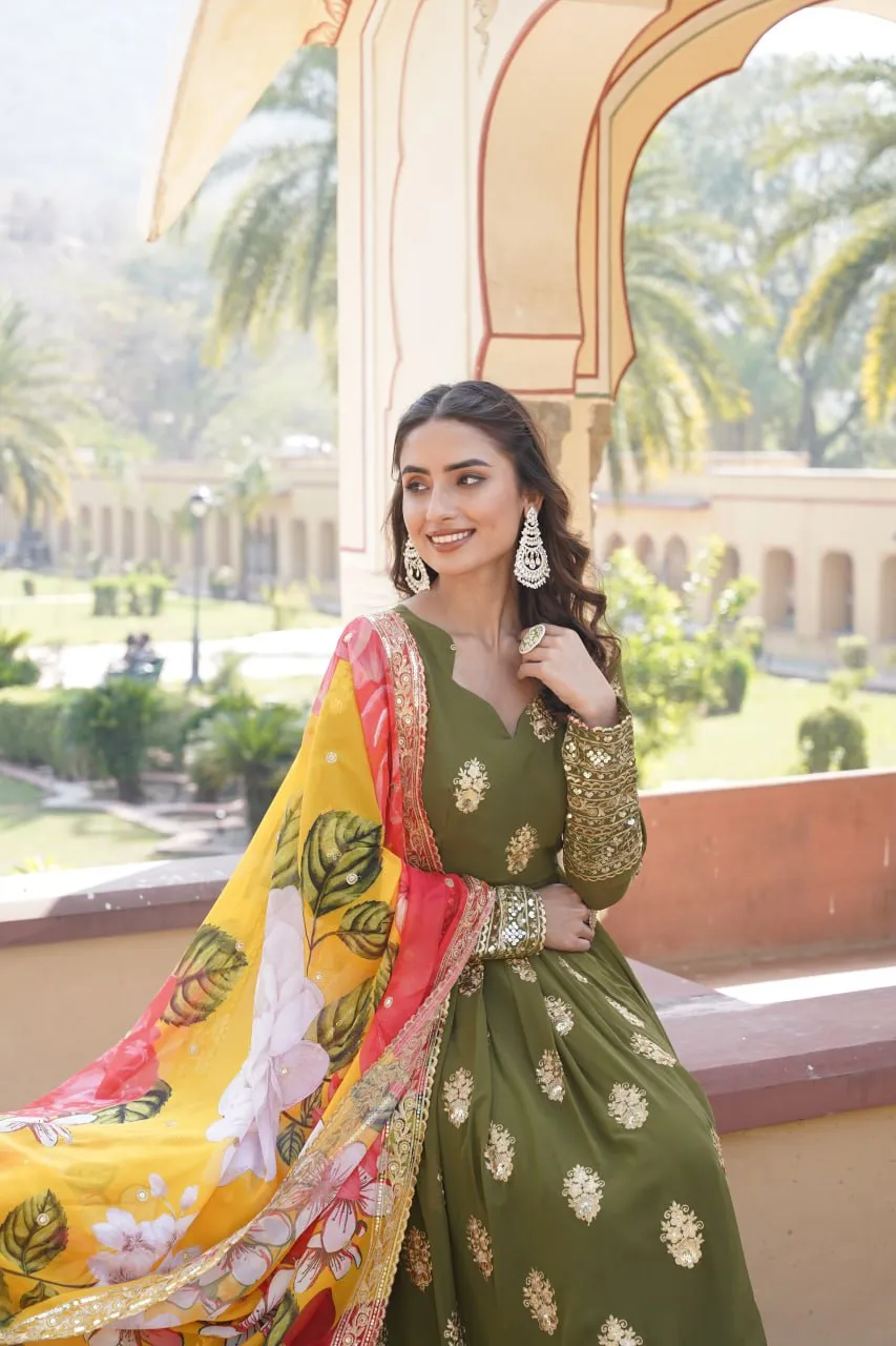 Premium Olive Green Designer Readymade Faux Georgette Gown with Zari & Sequin Embroidery, V-Neck, Full Sleeves & Dupatta