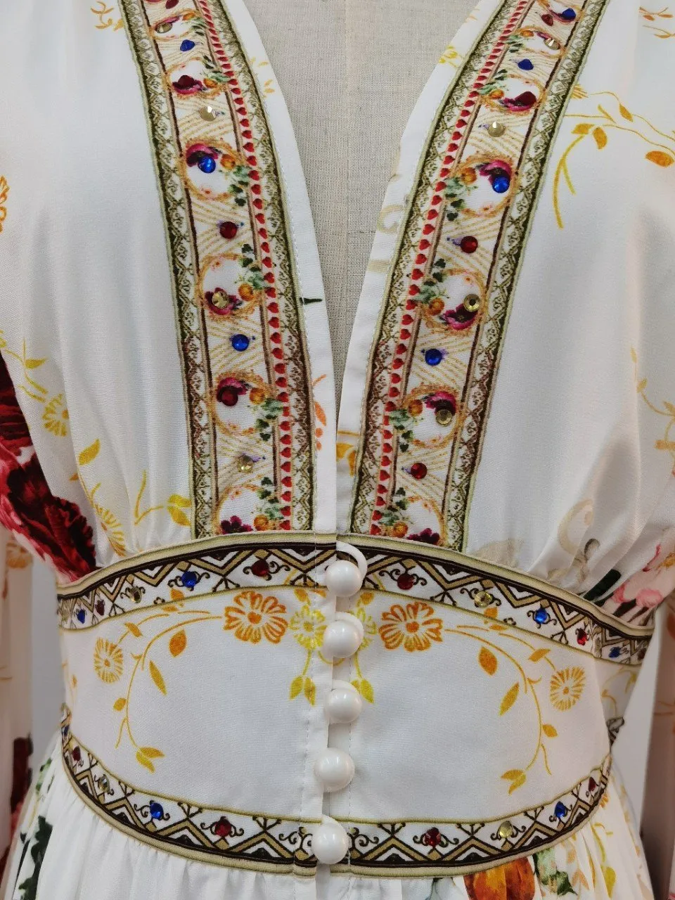 Printed Beaded High-Waist Dress