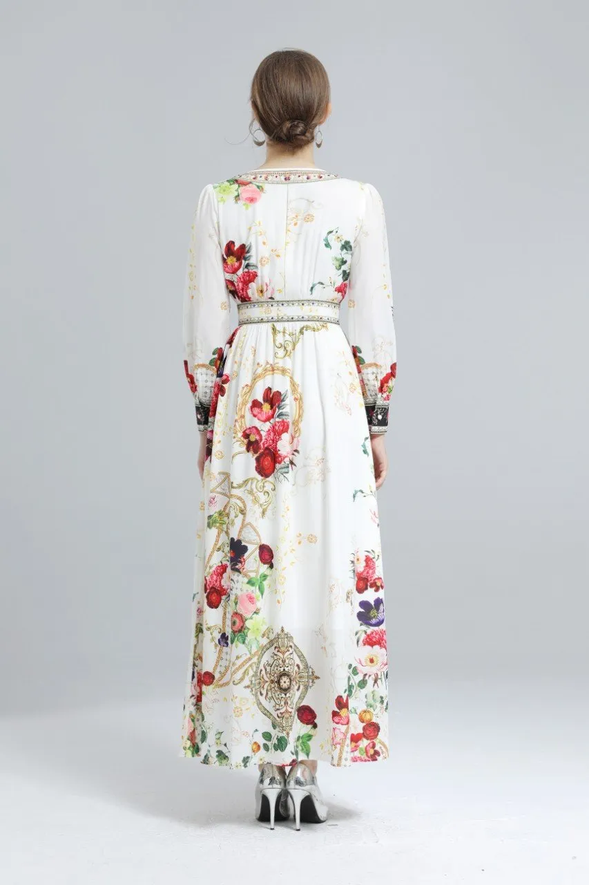 Printed Beaded High-Waist Dress