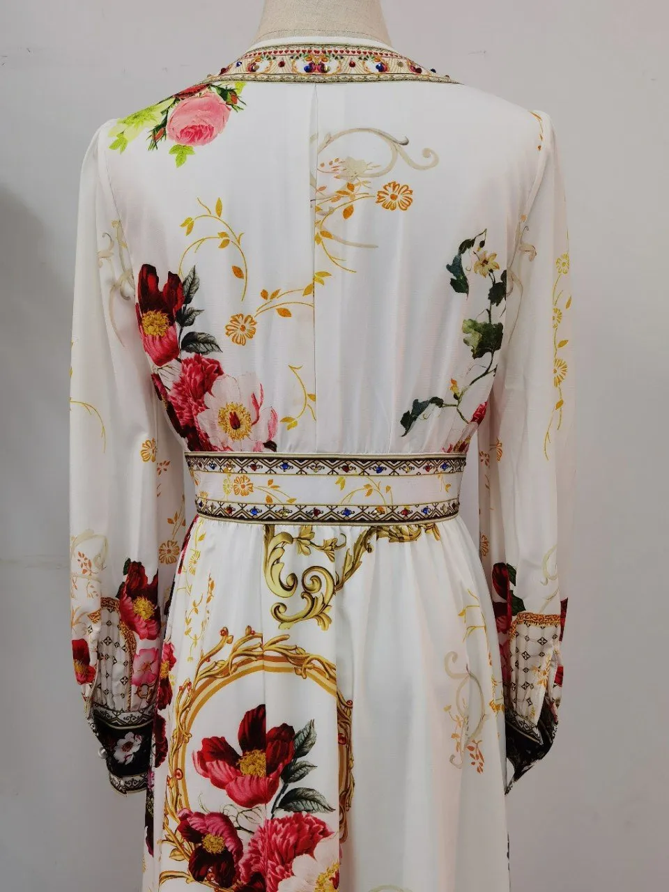 Printed Beaded High-Waist Dress