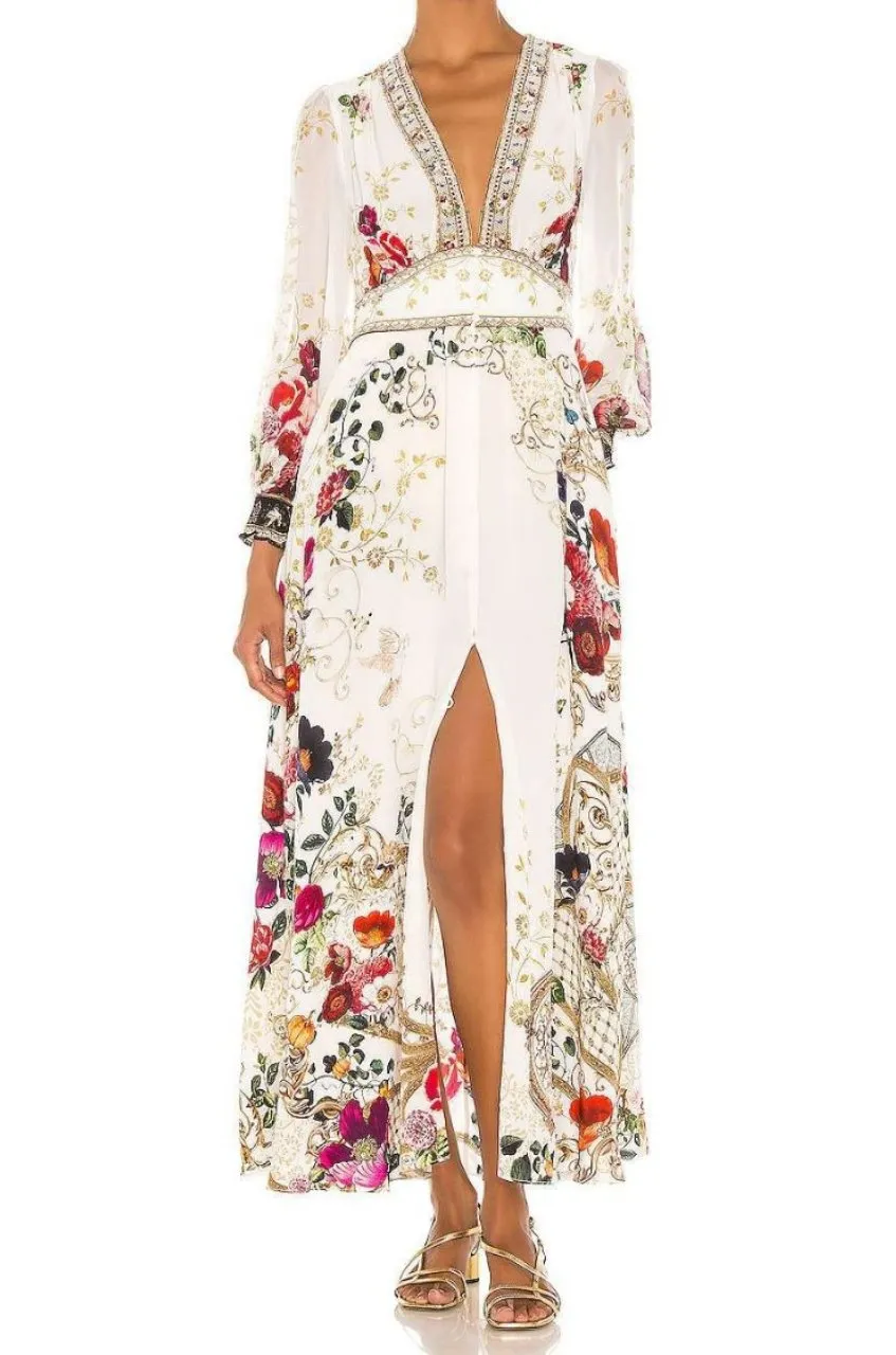 Printed Beaded High-Waist Dress