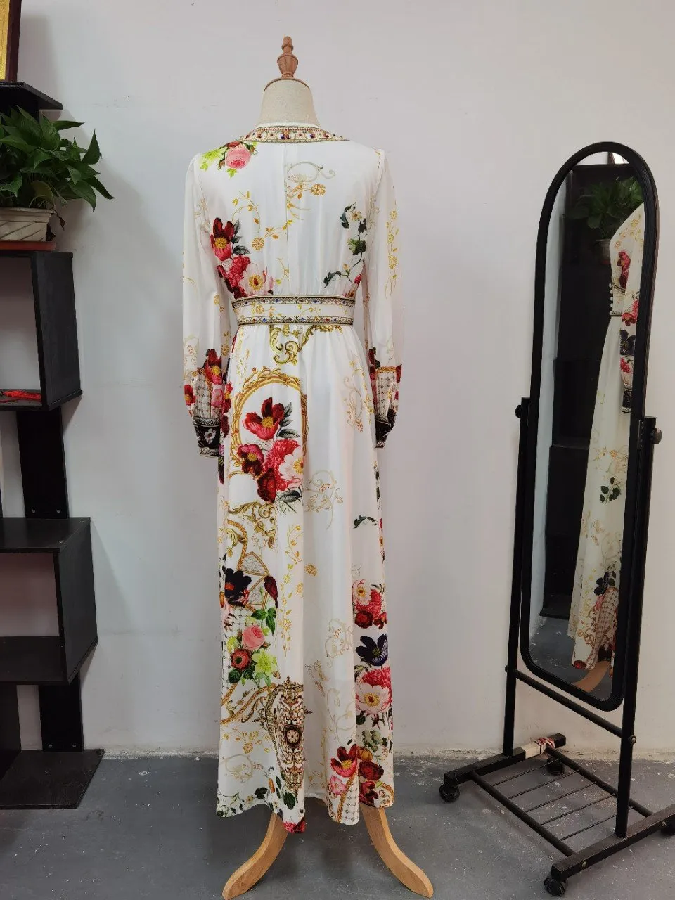 Printed Beaded High-Waist Dress