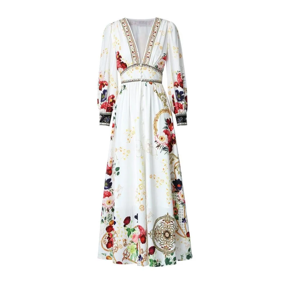 Printed Beaded High-Waist Dress