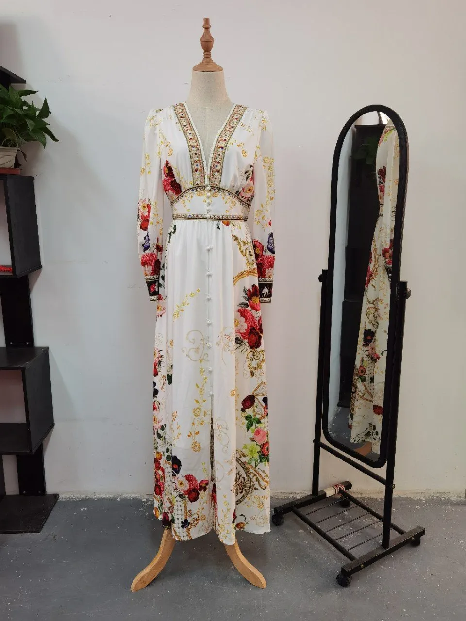 Printed Beaded High-Waist Dress
