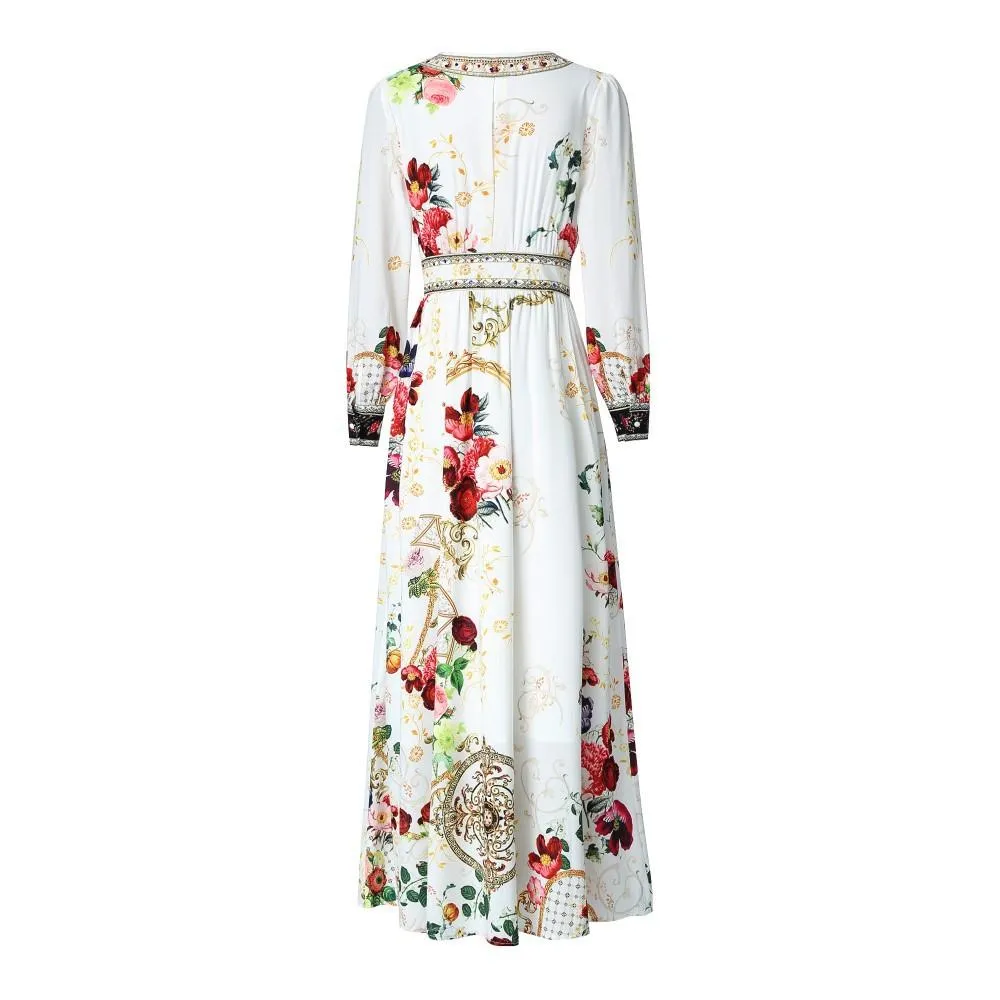 Printed Beaded High-Waist Dress