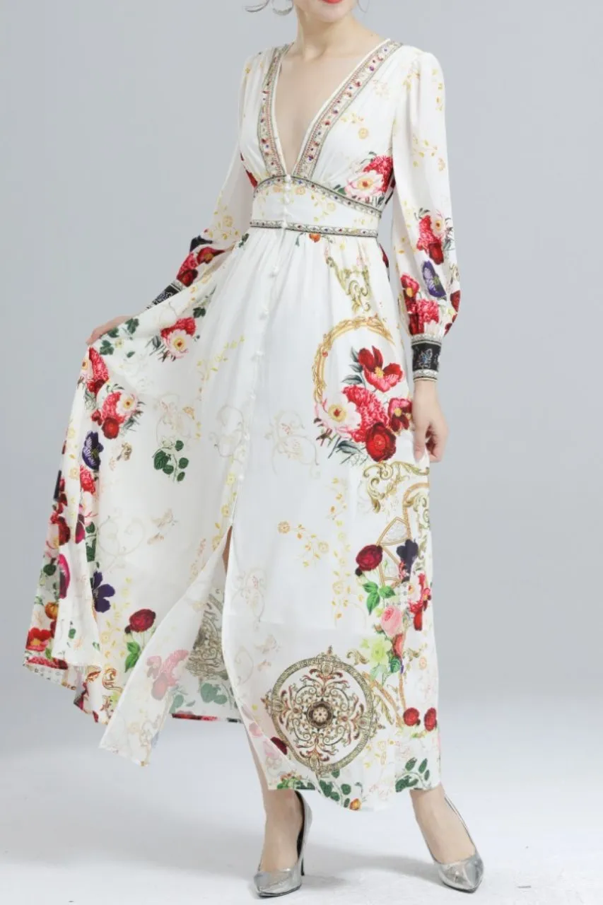 Printed Beaded High-Waist Dress