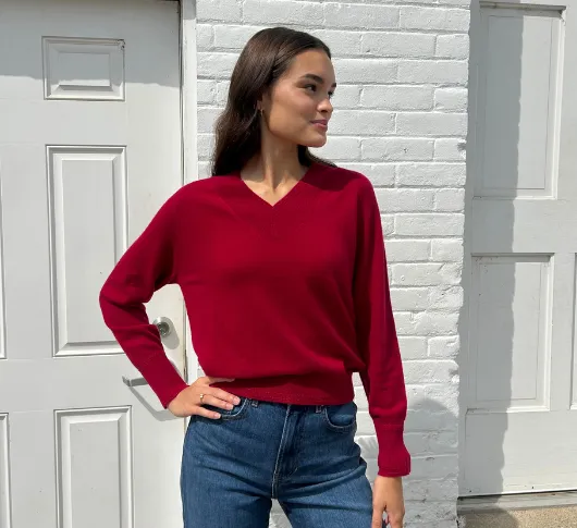 Repeat Cashmere - V Neck Cashmere Sweater in Ruby