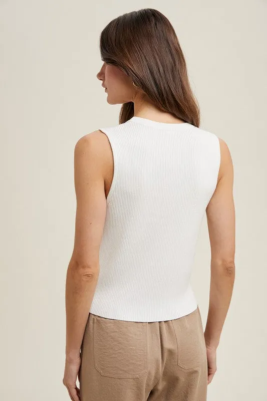 Ribbed Knit Button-Up Sweater Tank - White