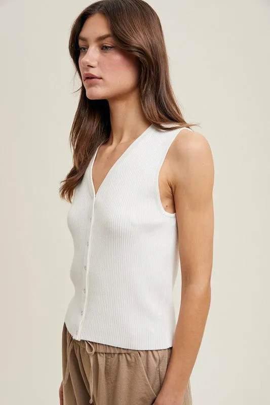 Ribbed Knit Button-Up Sweater Tank - White