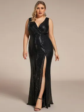 Rita Plus size black sequin ball dress with split s20-22 Express NZ wide