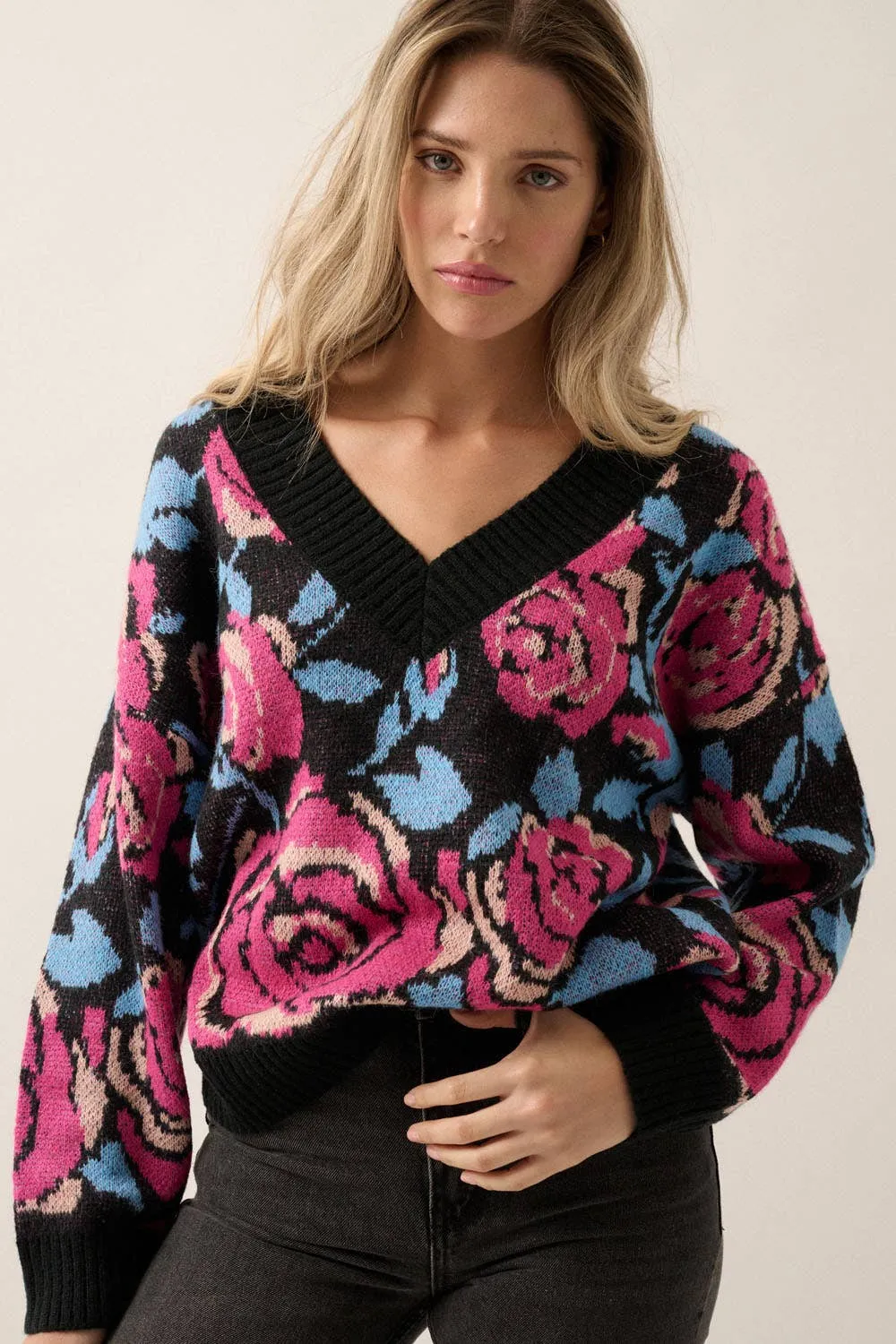Romantic Rose Floral V Neck Sweater Multi Pink