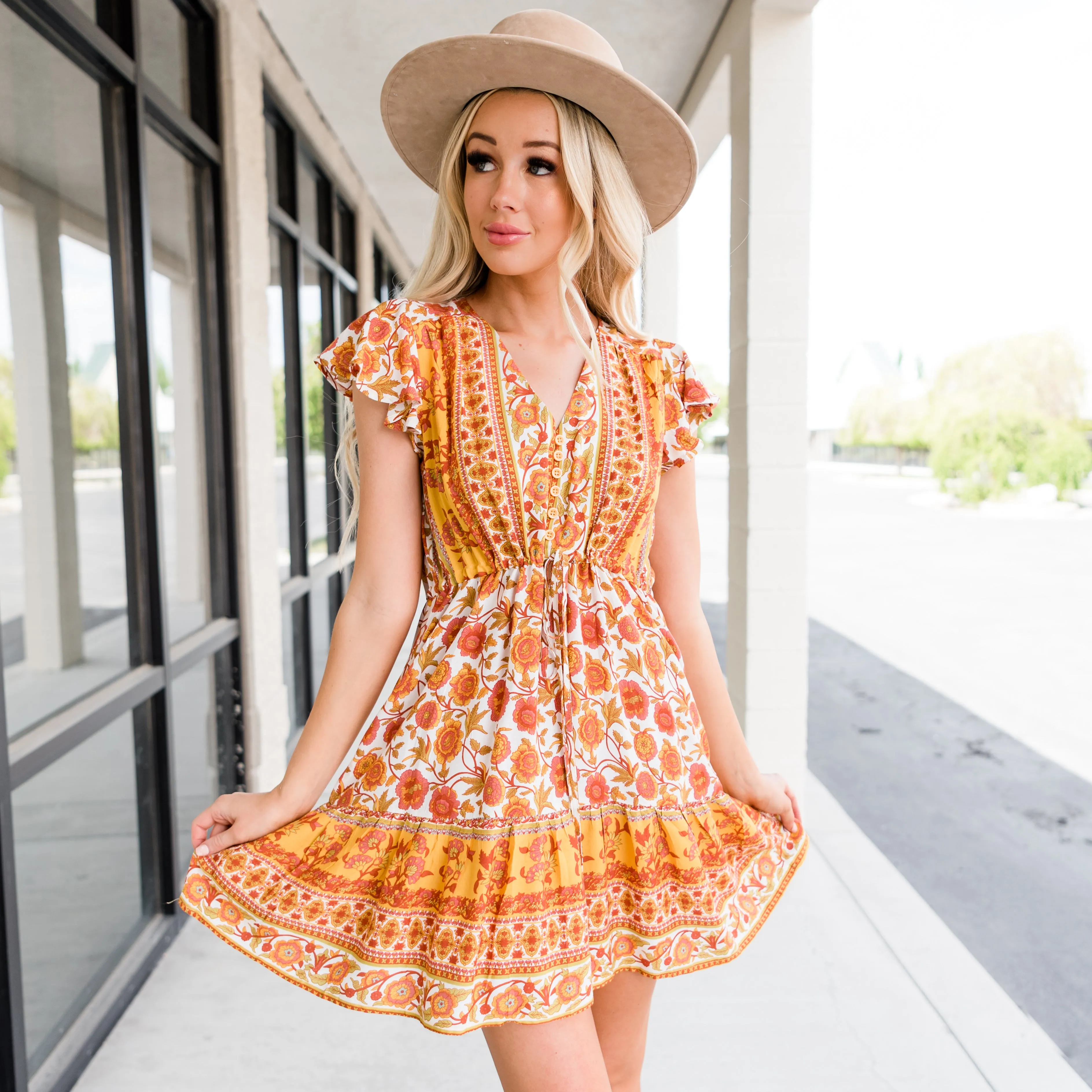 Ruffle Sleeve Dress - Yellow