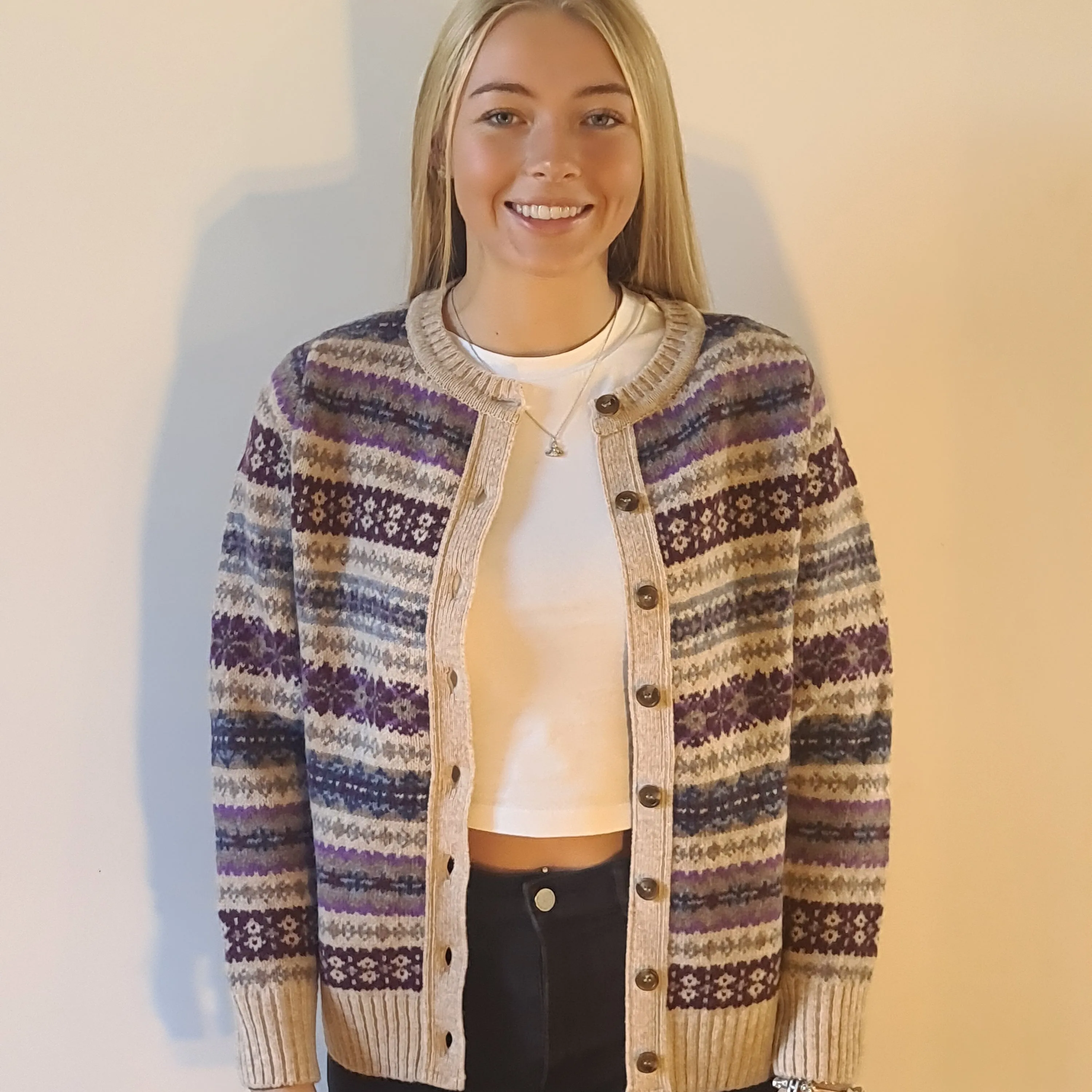 SALE Harley Of Scotland All Over Fairisle Cardigan In Tusk