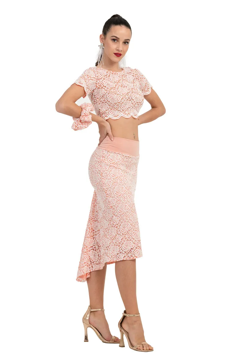 Salmon Pink Floral Lace Fishtail Skirt