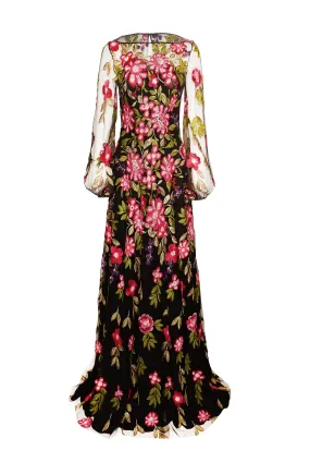 SEQUIN FLORAL BOATNECK GOWN WITH FULL SLEEVES