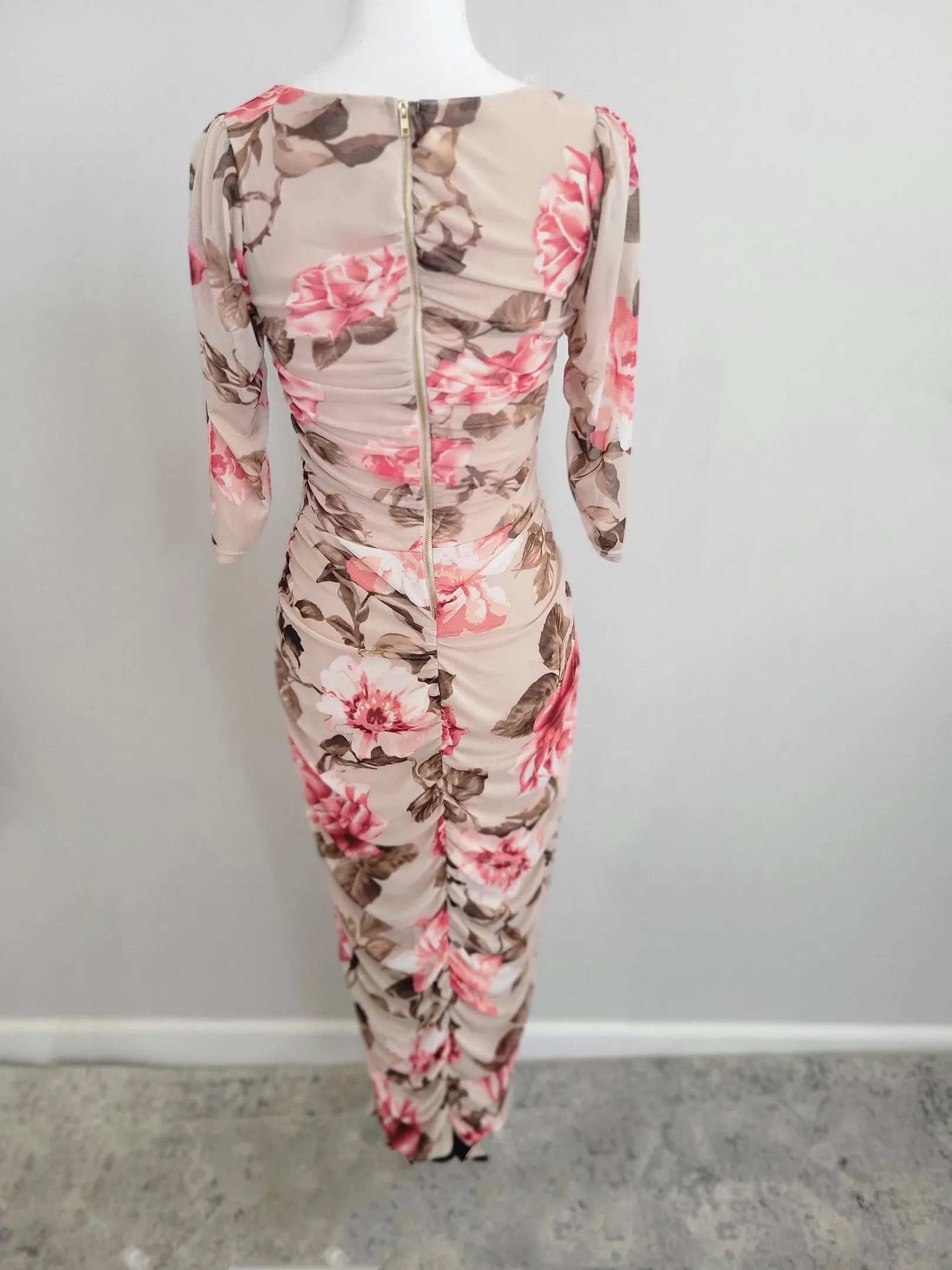 SHEER MESH RUCHED BODYCON FLORAL GARDEN PARTY MIDI DRESS