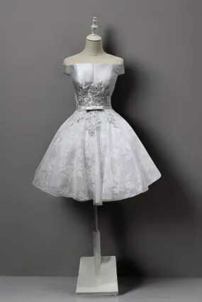 Silver Grey Floral Off-Shoulder Midi Wedding Party Dress - Embroidered Satin and Tulle Dress - Elegant Corset Bridal Gown Plus Size