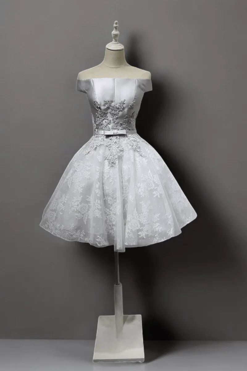 Silver Grey Floral Off-Shoulder Midi Wedding Party Dress - Embroidered Satin and Tulle Dress - Elegant Corset Bridal Gown Plus Size