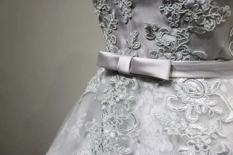 Silver Grey Floral Off-Shoulder Midi Wedding Party Dress - Embroidered Satin and Tulle Dress - Elegant Corset Bridal Gown Plus Size