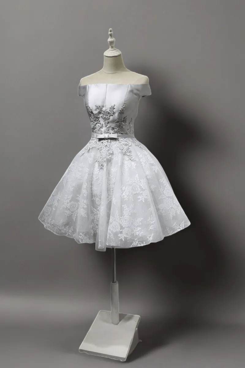 Silver Grey Floral Off-Shoulder Midi Wedding Party Dress - Embroidered Satin and Tulle Dress - Elegant Corset Bridal Gown Plus Size