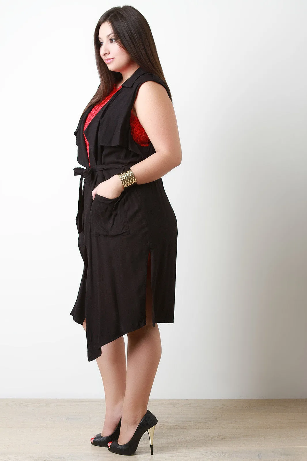 Sleeveless Flutter Yoke Belted Duster Vest