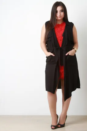 Sleeveless Flutter Yoke Belted Duster Vest