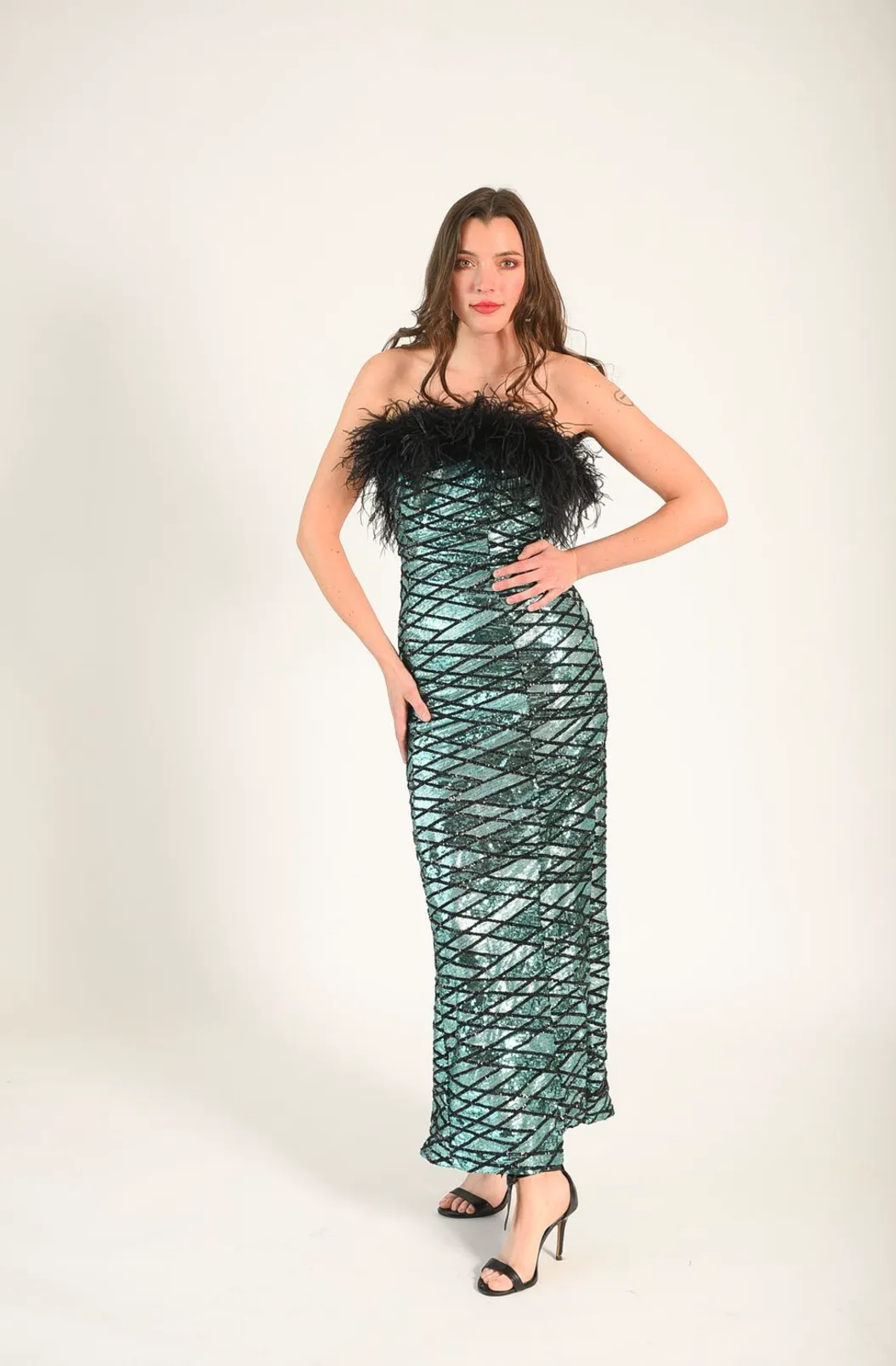Strapless Green Diamond Feather Gown