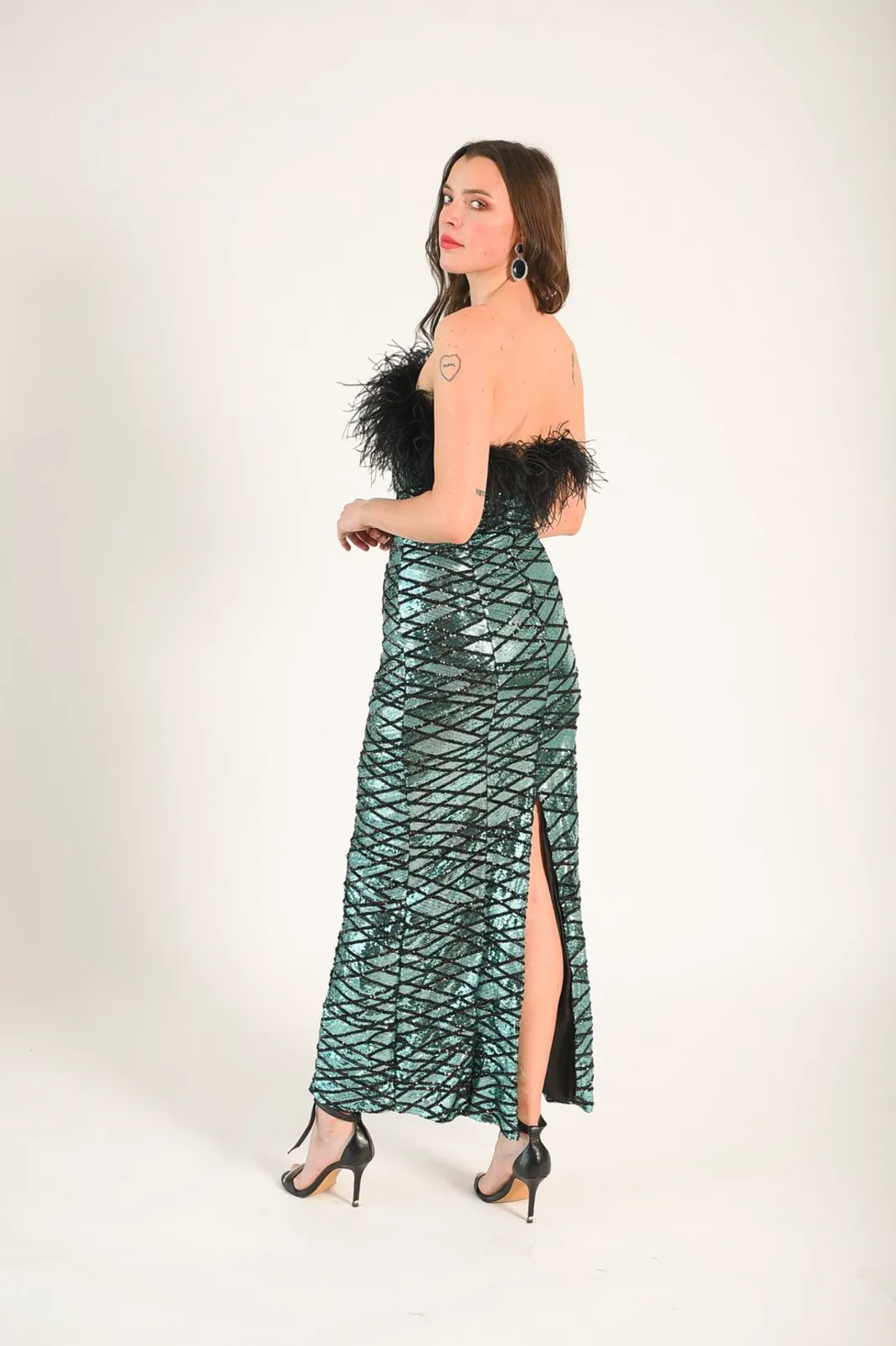 Strapless Green Diamond Feather Gown