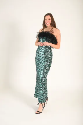 Strapless Green Diamond Feather Gown