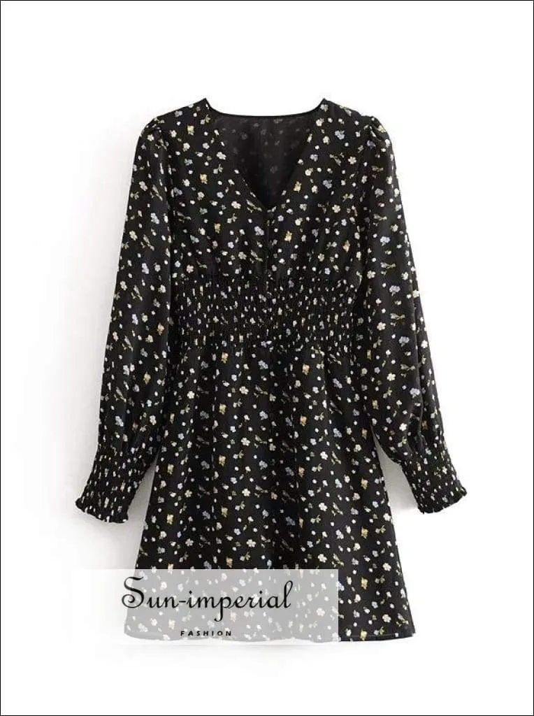 Sun-imperial Vintage Floral Women Mini Dress Spring Deep V Neck Elastic Waist Vintage Vacation Dress