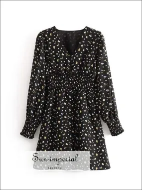 Sun-imperial Vintage Floral Women Mini Dress Spring Deep V Neck Elastic Waist Vintage Vacation Dress
