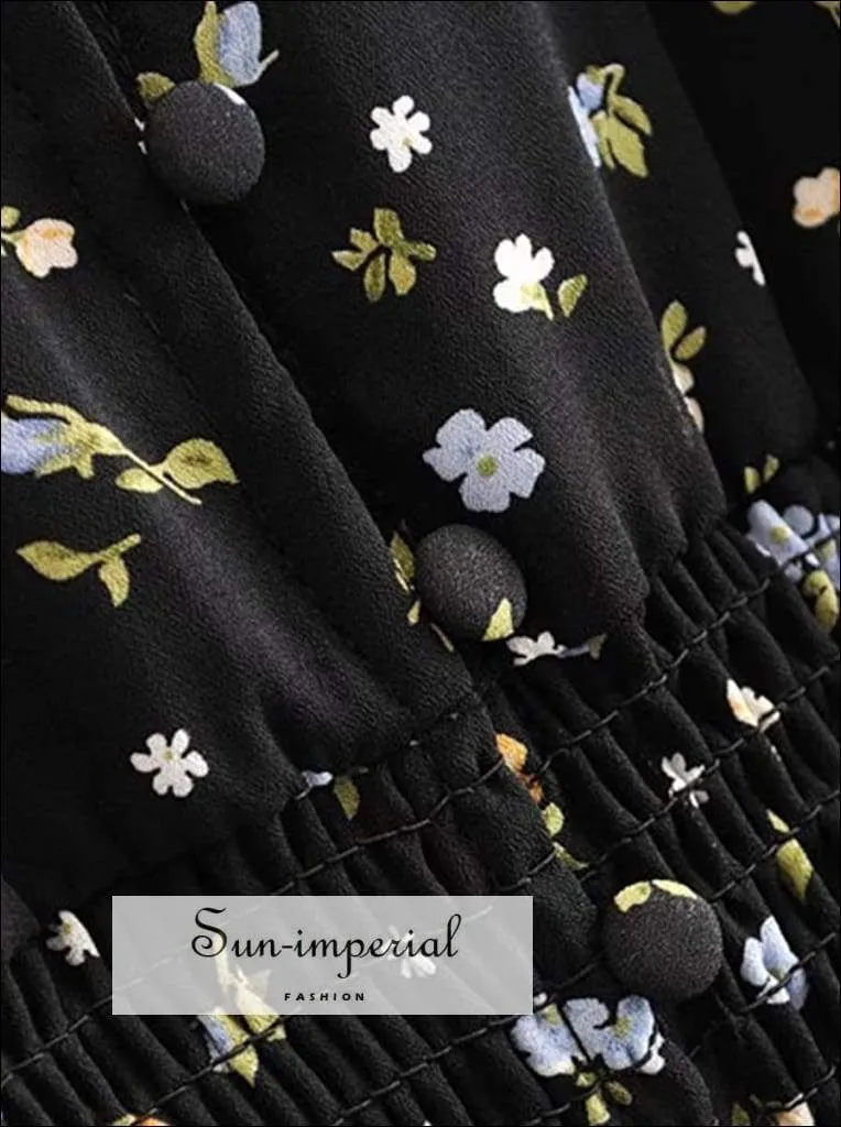 Sun-imperial Vintage Floral Women Mini Dress Spring Deep V Neck Elastic Waist Vintage Vacation Dress