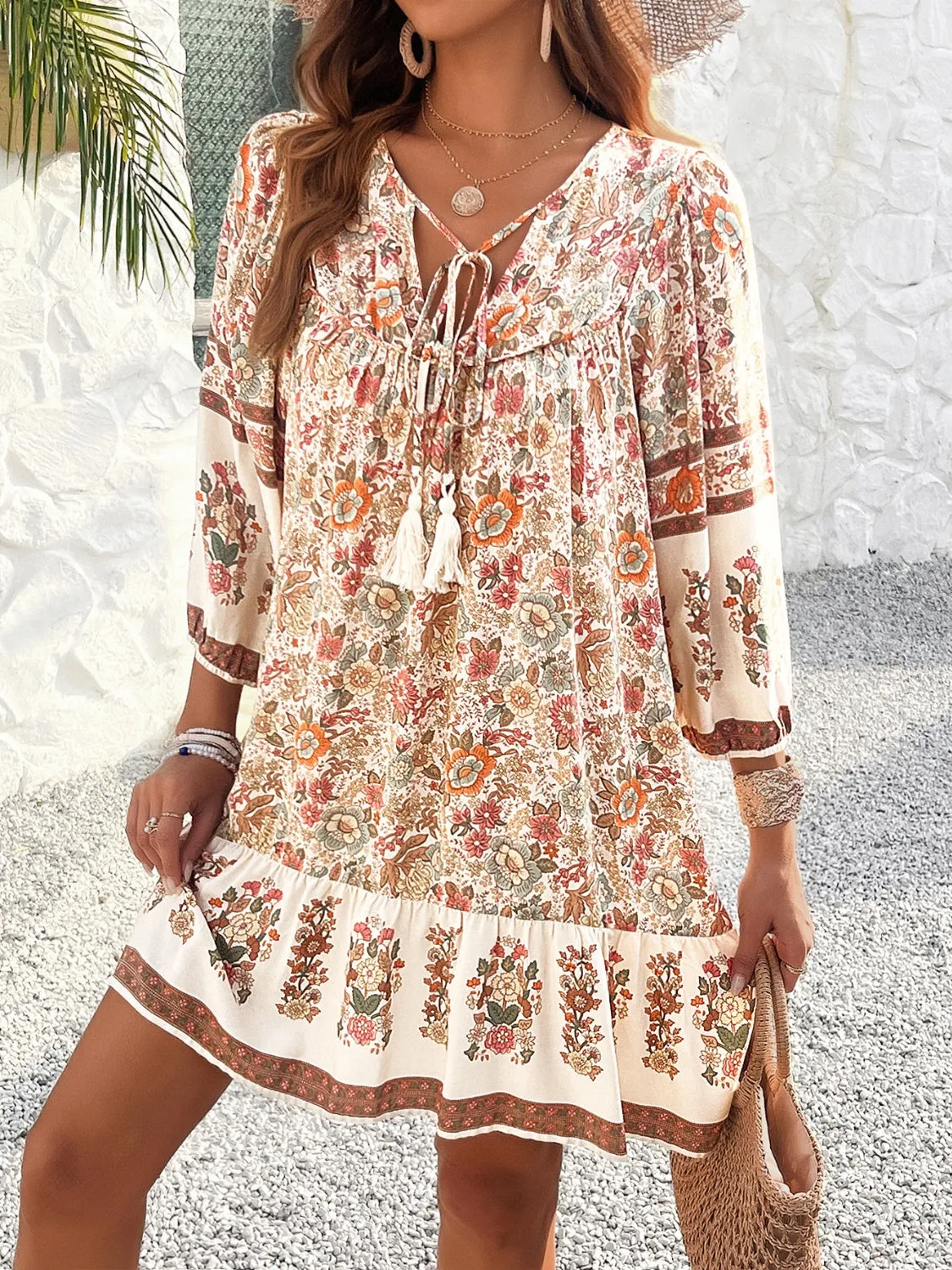 Tassel Tie Neck Floral Print Mini Dress
