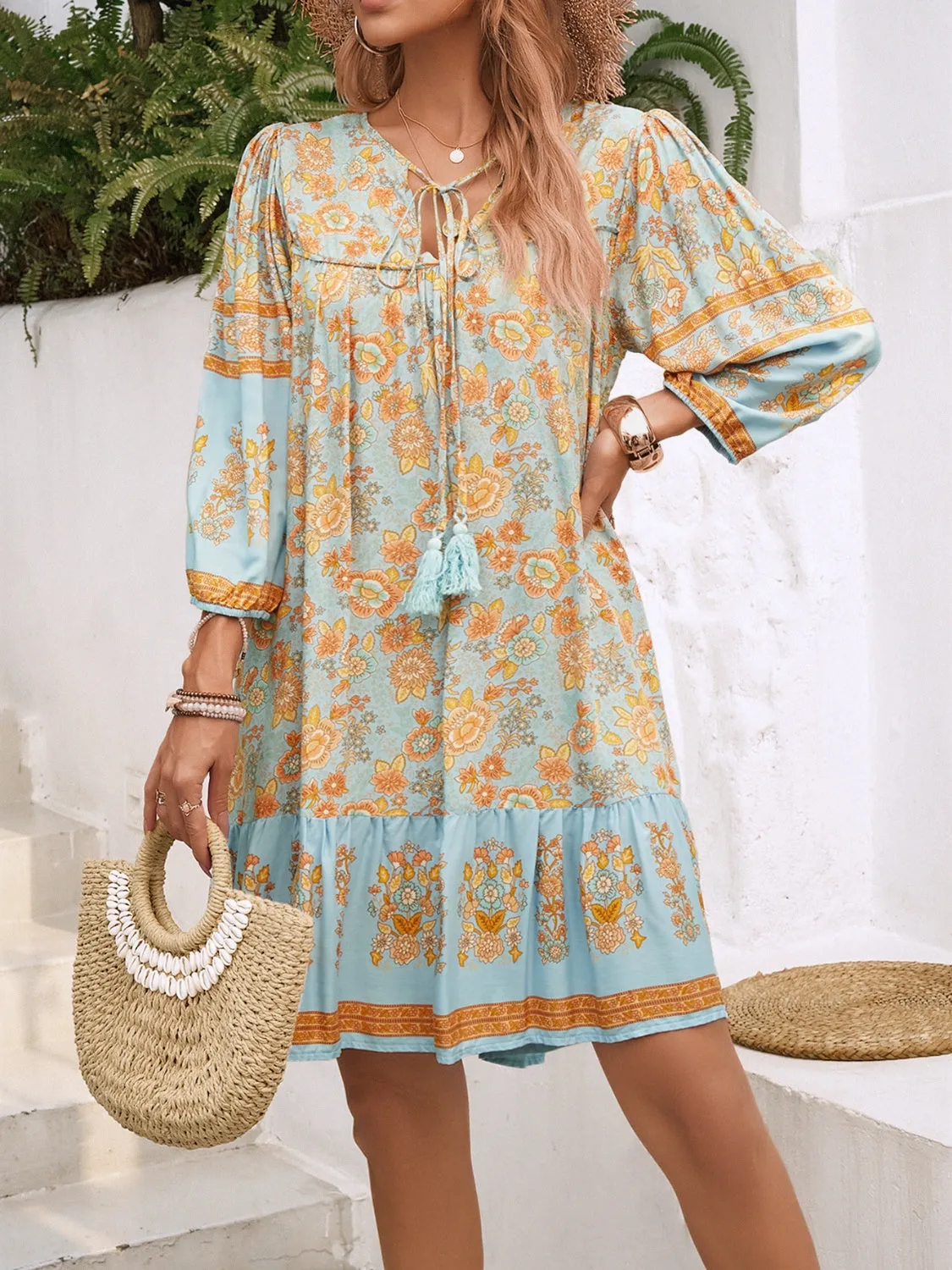 Tassel Tie Neck Floral Print Mini Dress