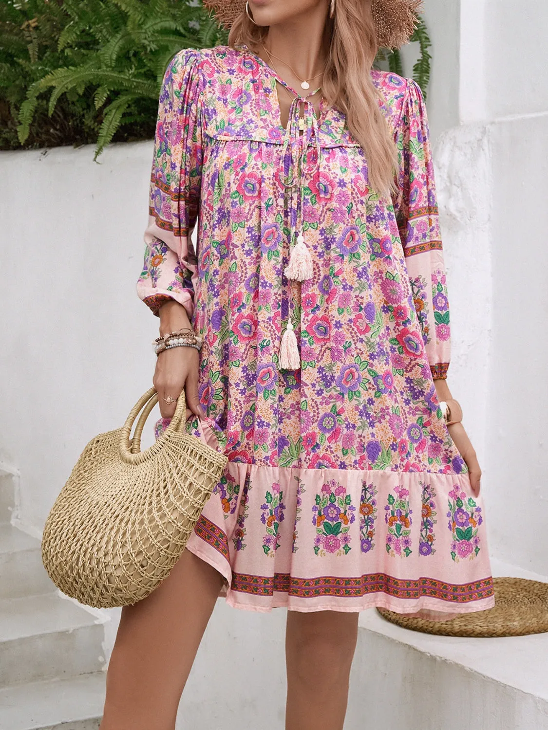 Tassel Tie Neck Floral Print Mini Dress