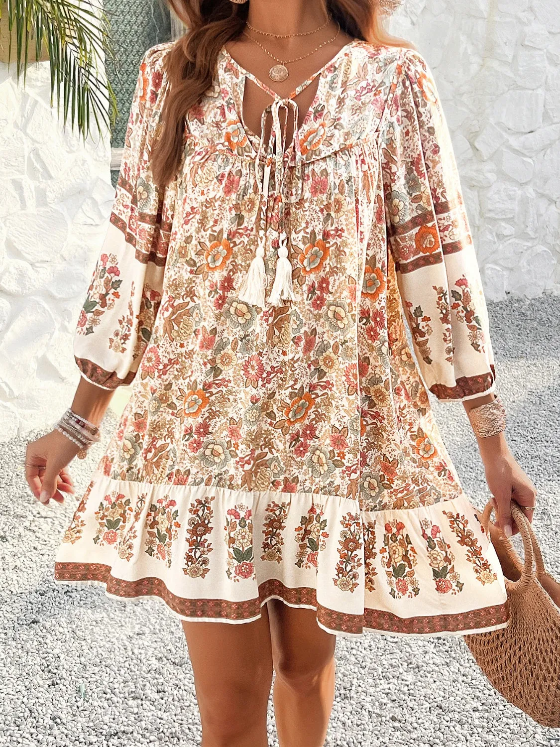 Tassel Tie Neck Floral Print Mini Dress