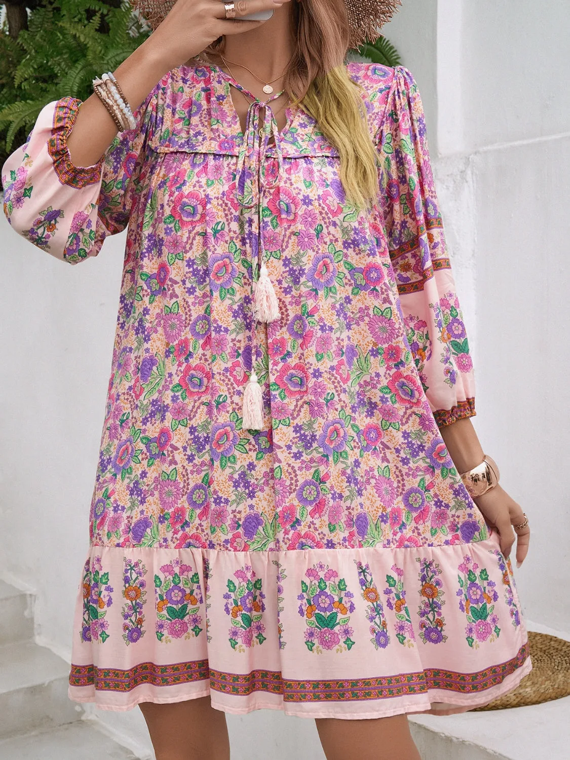 Tassel Tie Neck Floral Print Mini Dress