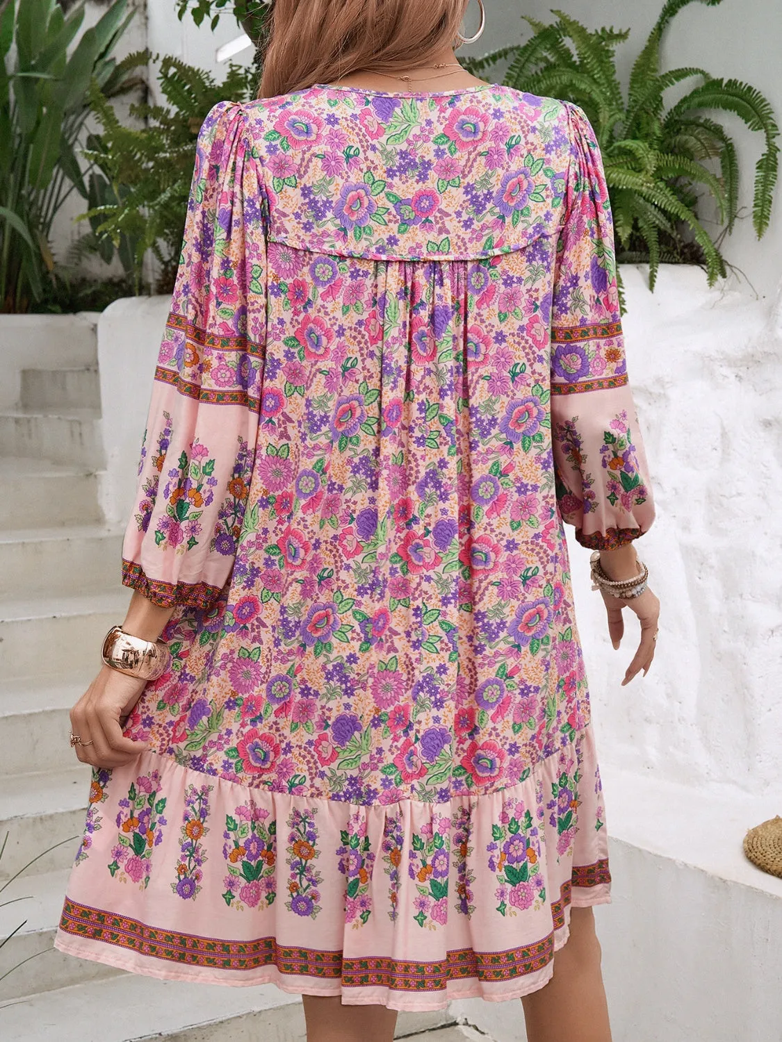Tassel Tie Neck Floral Print Mini Dress