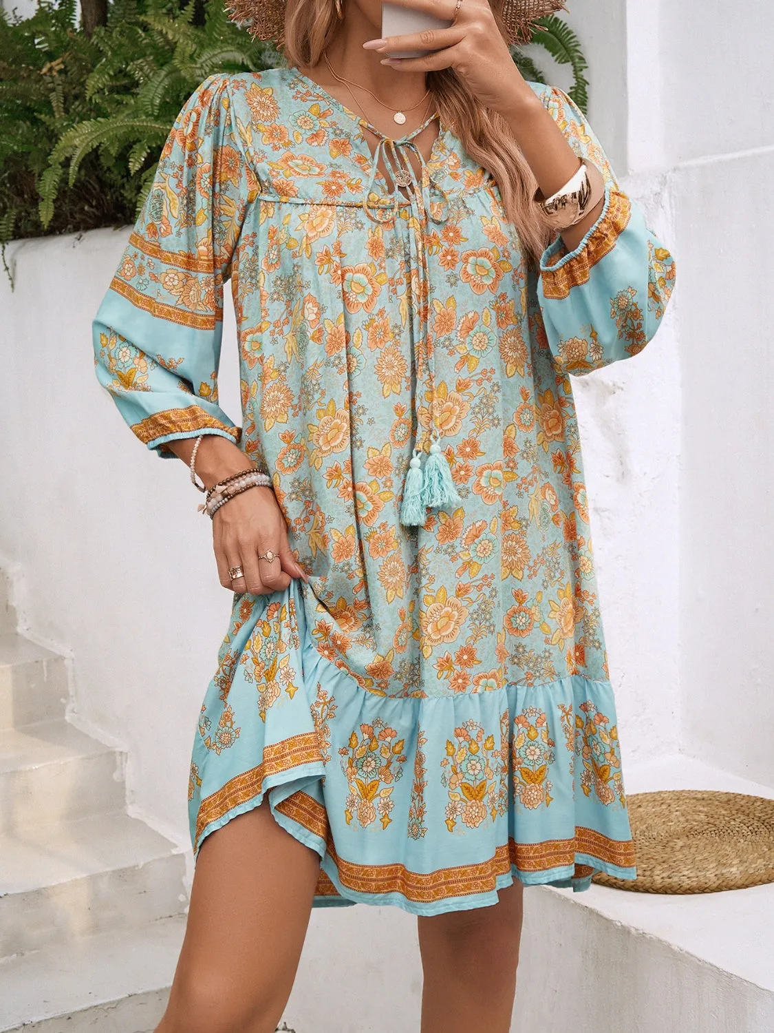 Tassel Tie Neck Floral Print Mini Dress