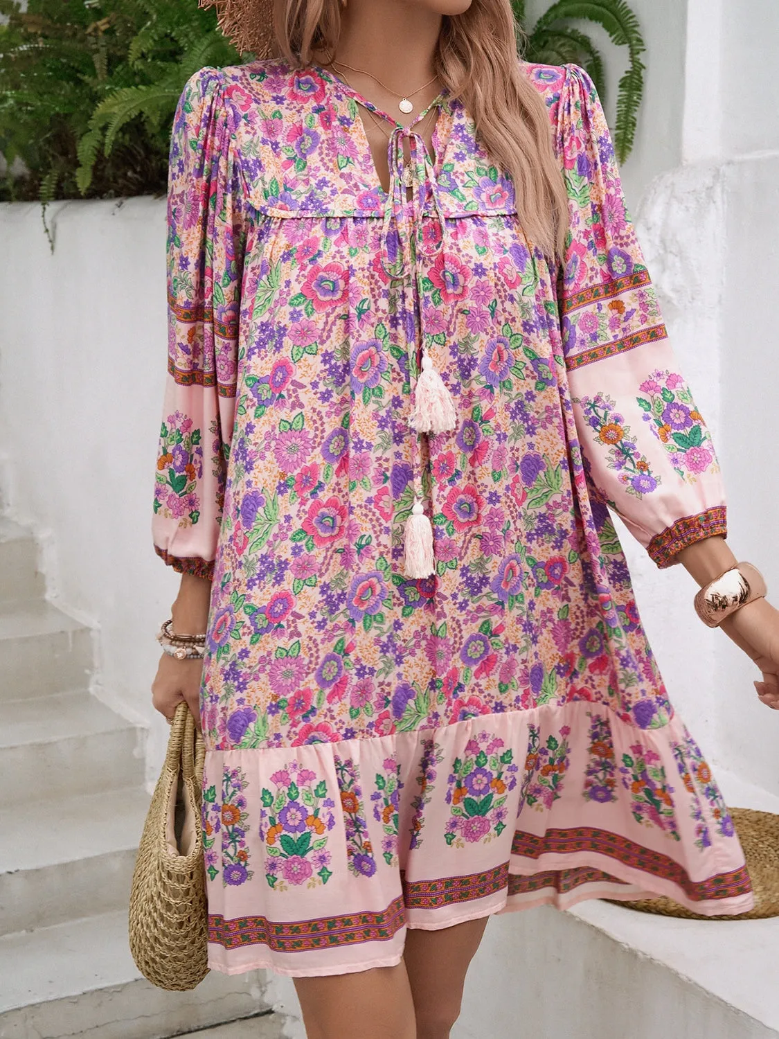 Tassel Tie Neck Floral Print Mini Dress