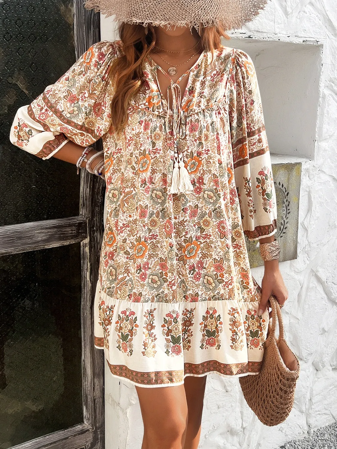 Tassel Tie Neck Floral Print Mini Dress
