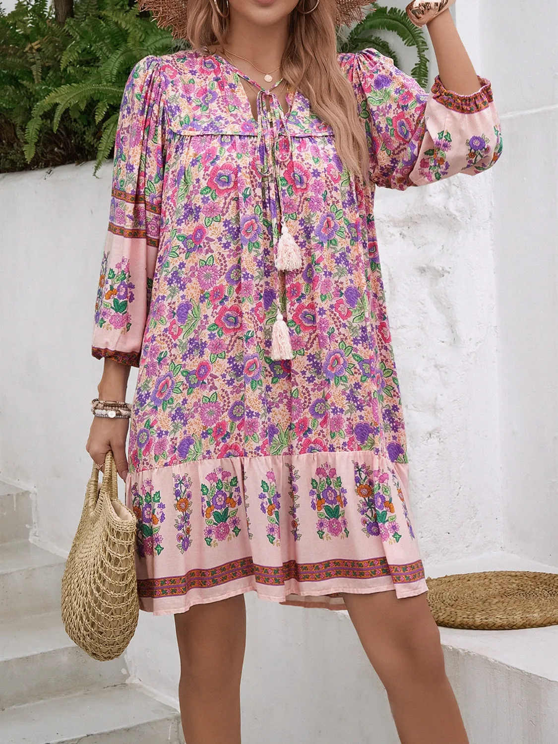 Tassel Tie Neck Floral Print Mini Dress