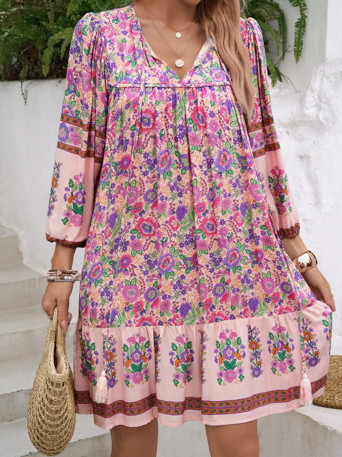 Tassel Tie Neck Floral Print Mini Dress