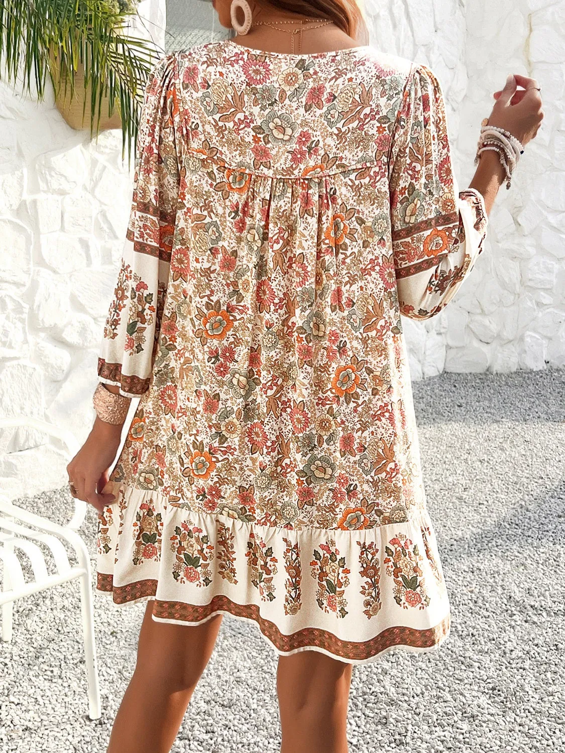 Tassel Tie Neck Floral Print Mini Dress