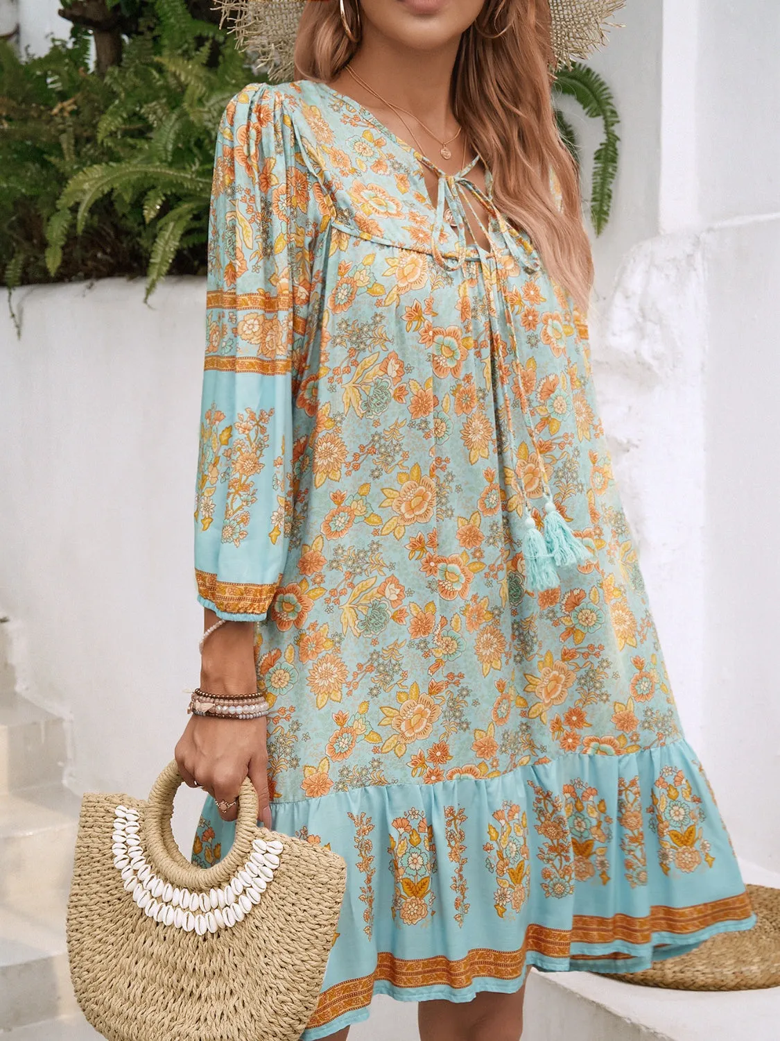 Tassel Tie Neck Floral Print Mini Dress