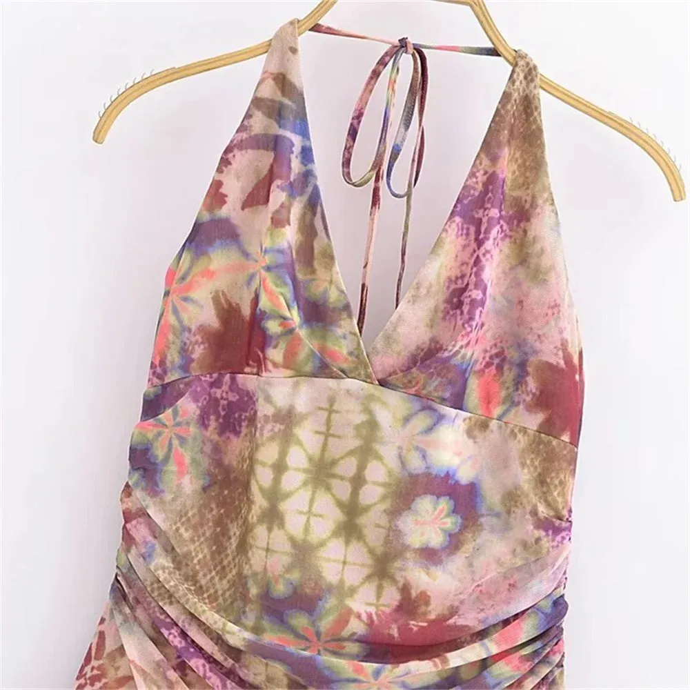 Uniwim  2024 Summer New Women's Retro Slim Fit Printed V-neck Sleeveless Hanging Neck Irregular Strap Dress